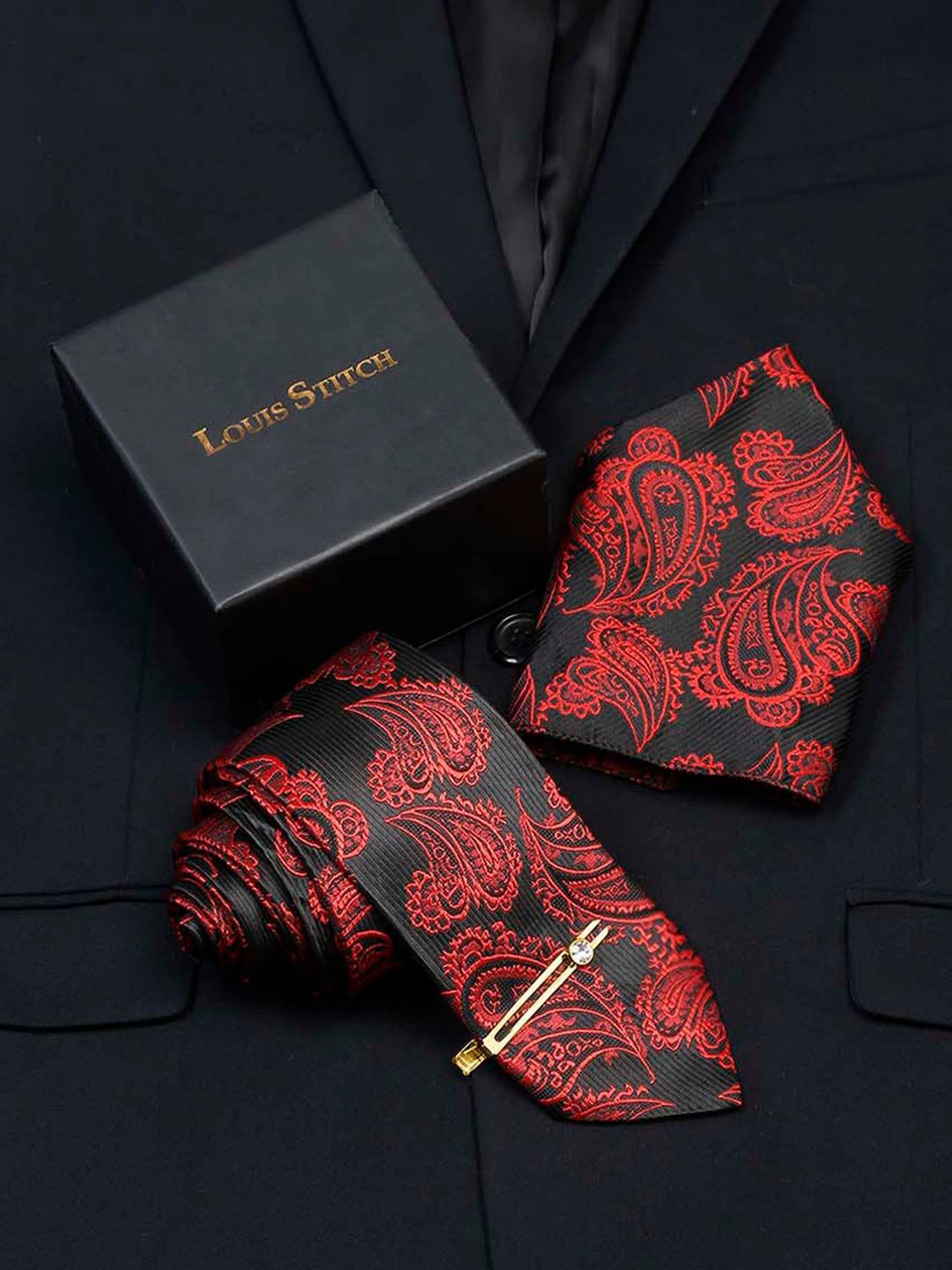 Louis Stitch Red Printed Necktie Gift Set - Set of 3