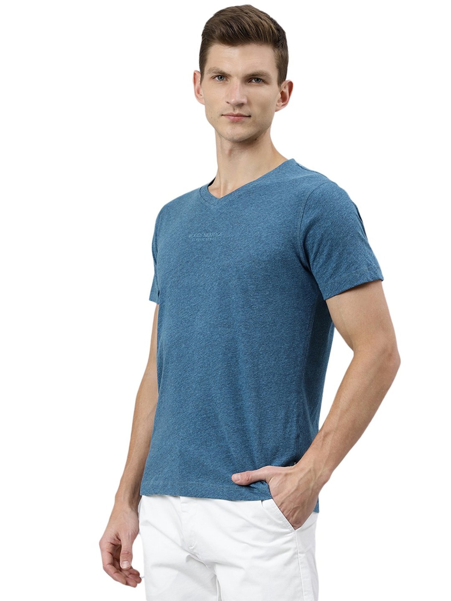 Woods Blue Melange V-Neck T-Shirt