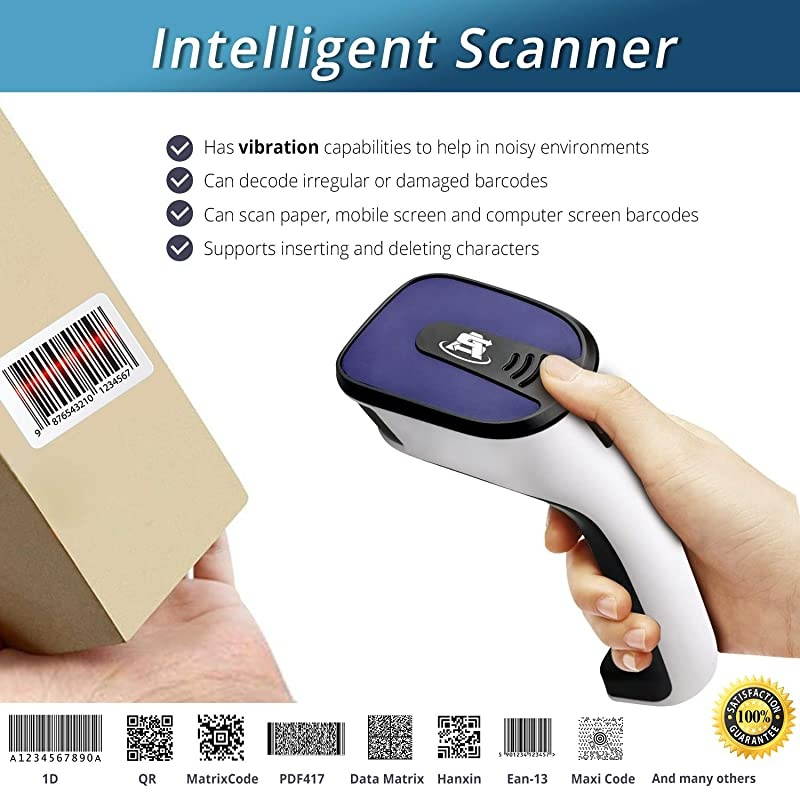 Portable Wireless Bluetooth Barcode Scanner: 3-in-1 Hand Scanners - Cordless, Rechargeable 1D and 2D Scan Gun for Inventory Management - Wireless, Handheld, USB Bar Code/QR Code Reader