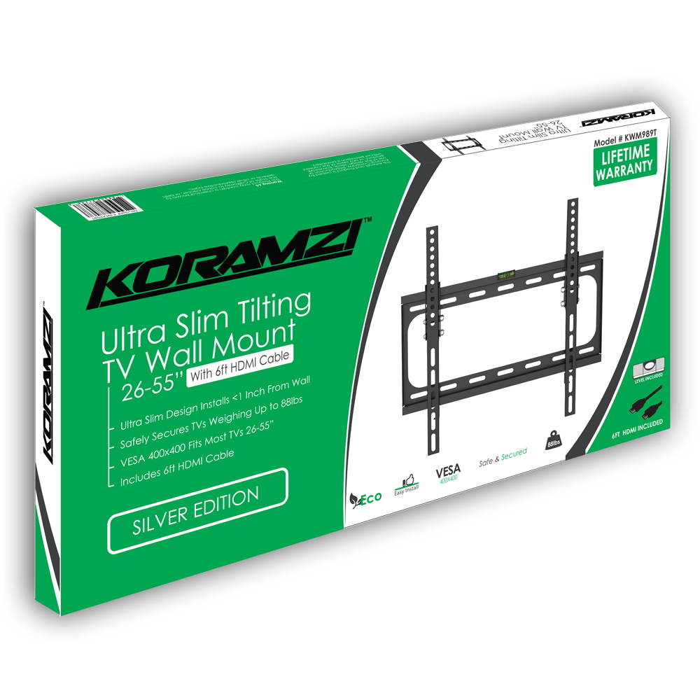 Tilt TV Wall Mount Bracket Fits 26-55" TV's 400x400 VESA Low Profile Ultra Slim including Bubble Level & 6ft. HDMI Cable &-(Black)- KORAMZI KWM989T