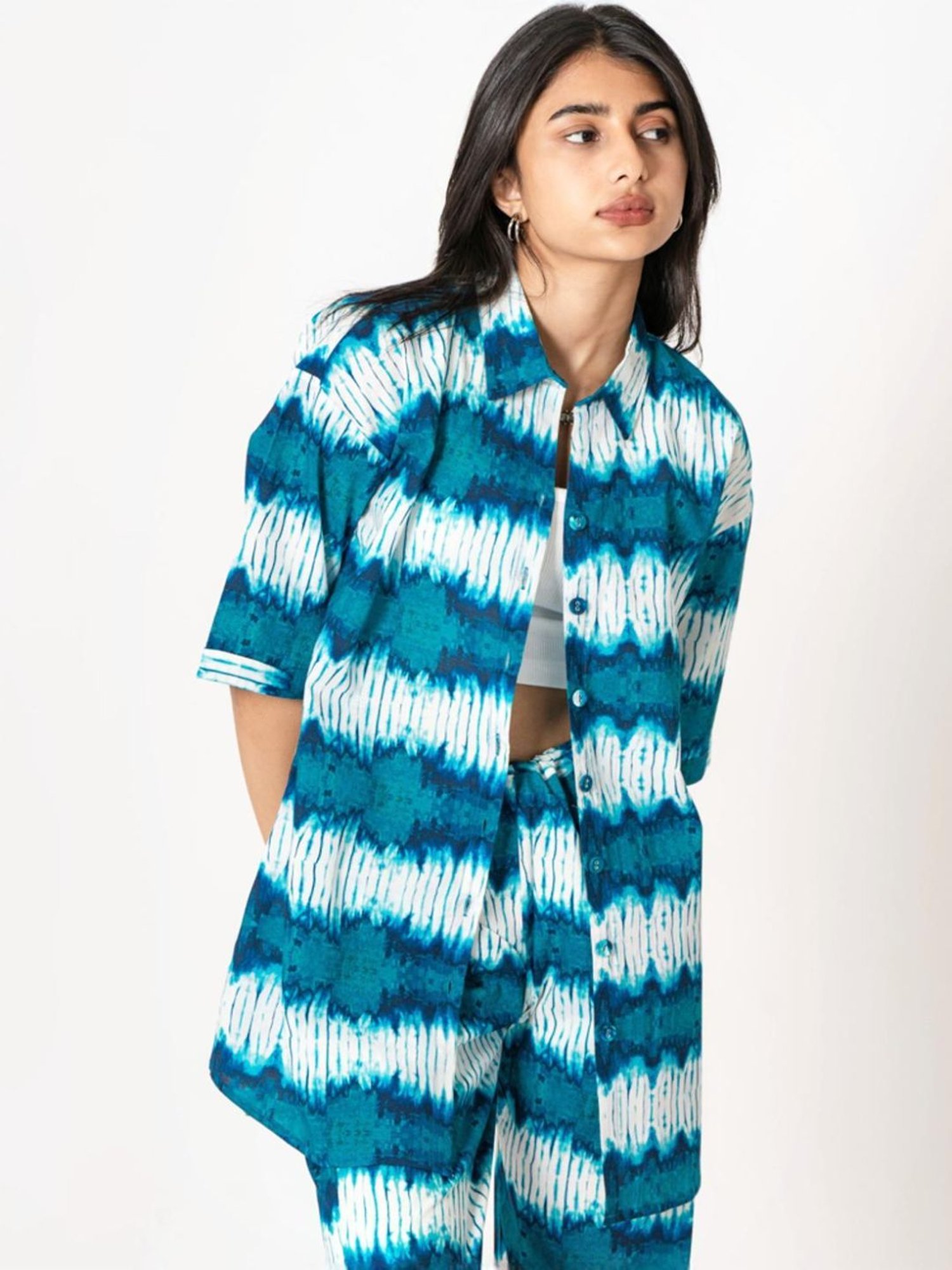 Kameez by Pooja White & Turquoise Blue Capsule 24 Digital Print Cotton Shirt and Pant Co-ord Set