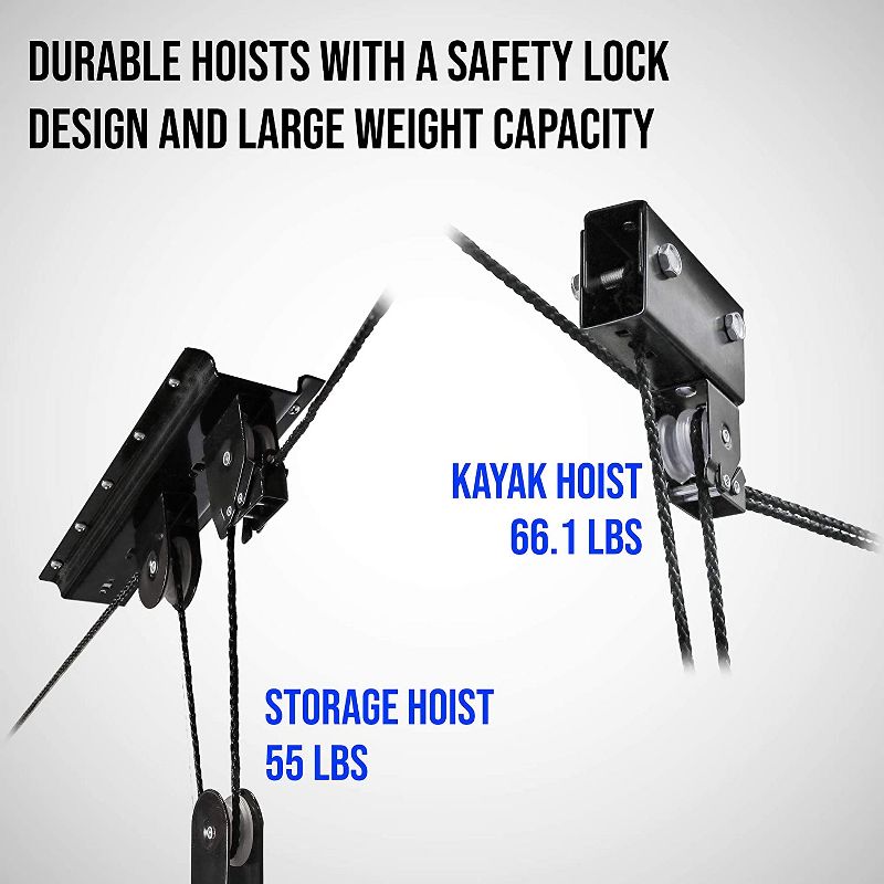 RaxGo Ceiling Garage Storage Hoist System | Pack of 2 Overhead Rack Lifts for Hanging Kayaks, Bicycles, Tools & Other Large Items | Heavy-Duty Bracket Pulley, Ropes & Hardware | Total 121 Lb. Capacity