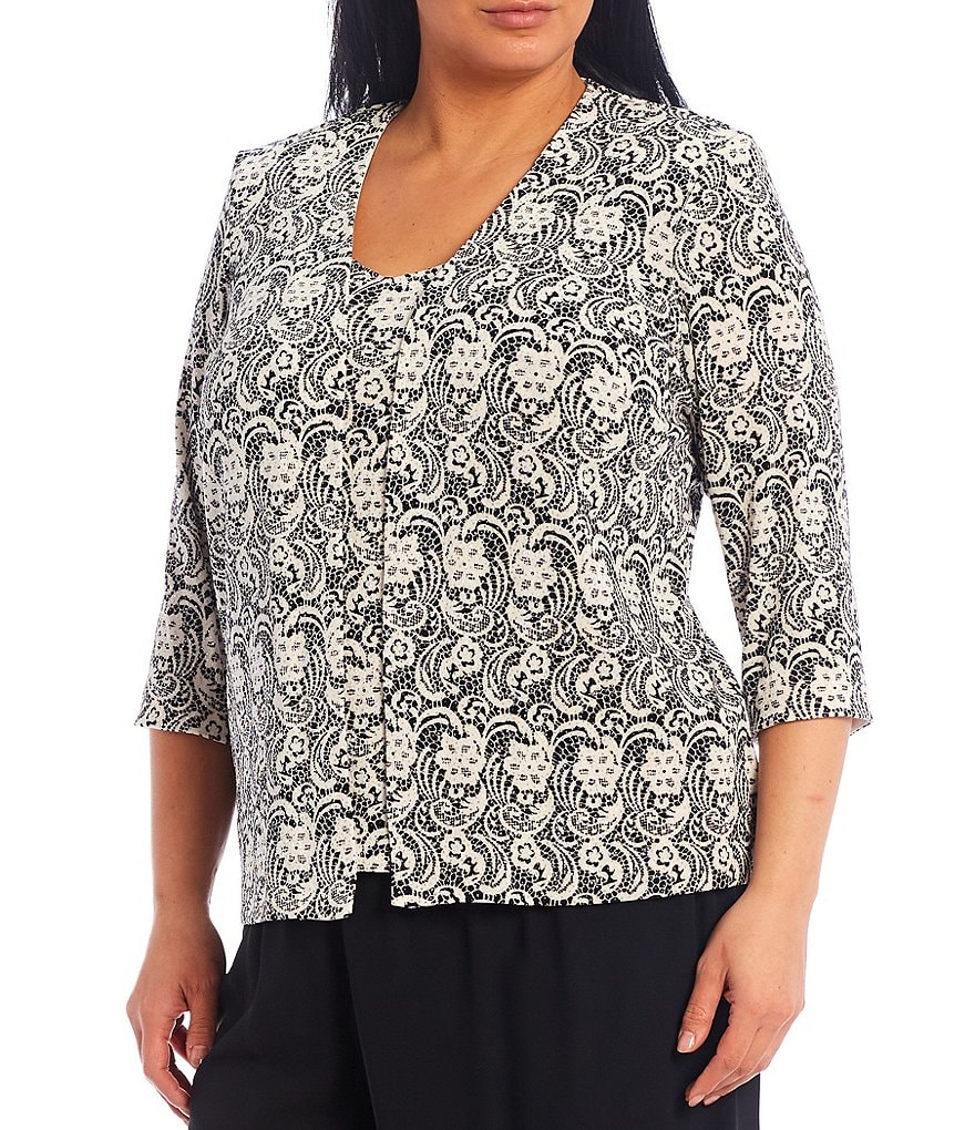 Alex Evenings Plus Size V-Neck 3/4 Sleeve Glitter Lace Printed 2-Piece Twinset