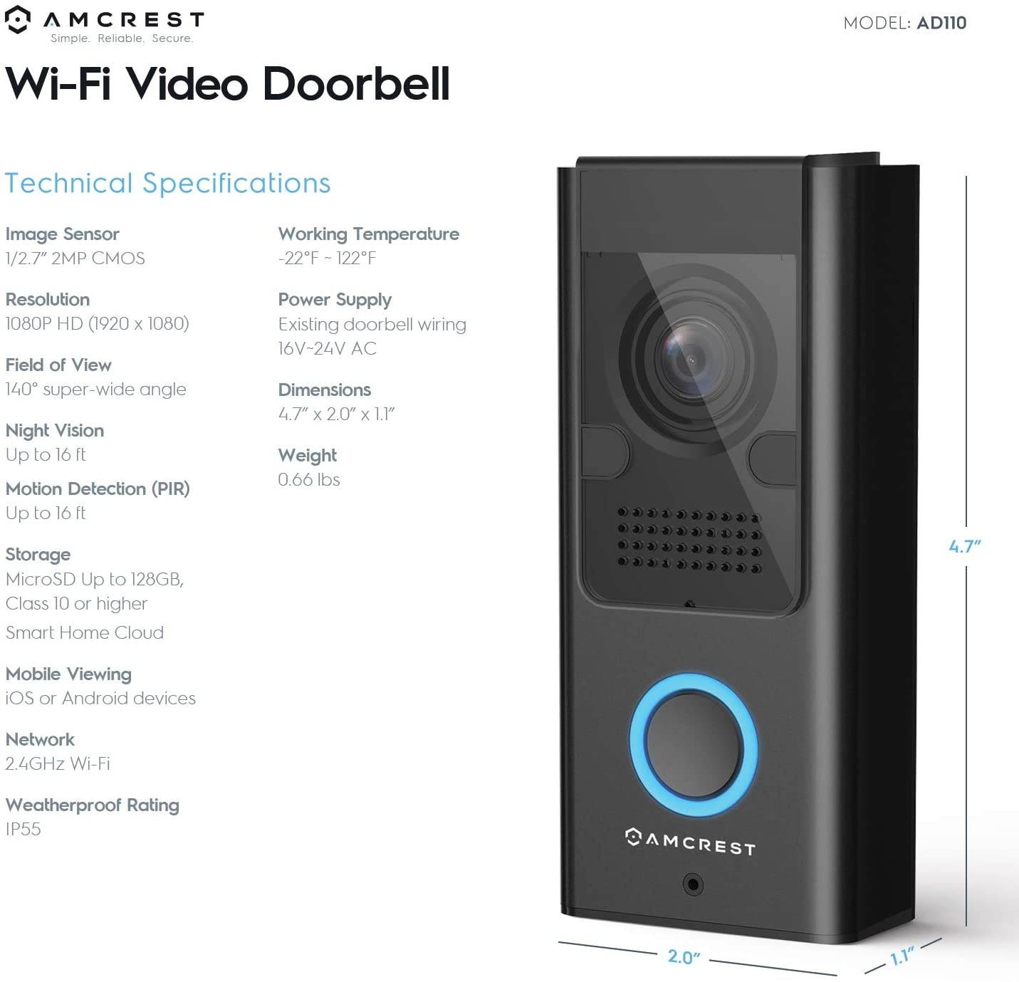 Amcrest Video Doorbell Camera, 2.4 GHz Wi-Fi Doorbell Camera, IP55 Weatherproof, Two-Way Audio, 140&ordm; Wide Angle, AD110