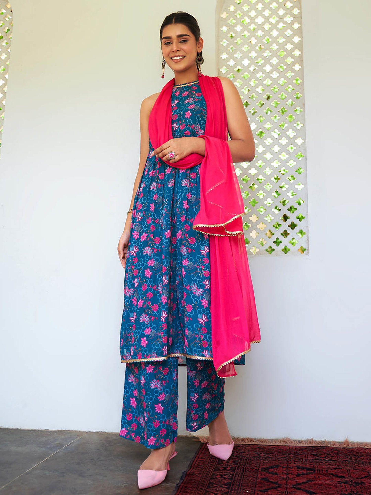 Janasya Teal Floral Print Kurta With Palazzo & Dupatta