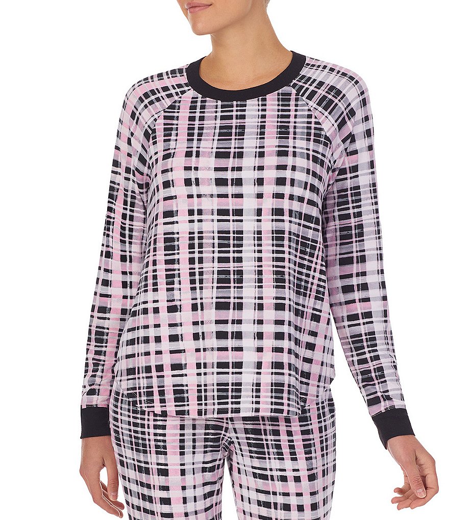 Kensie Jersey Plaid Print Knit Crew Neck Long Sleeve Sleep Top