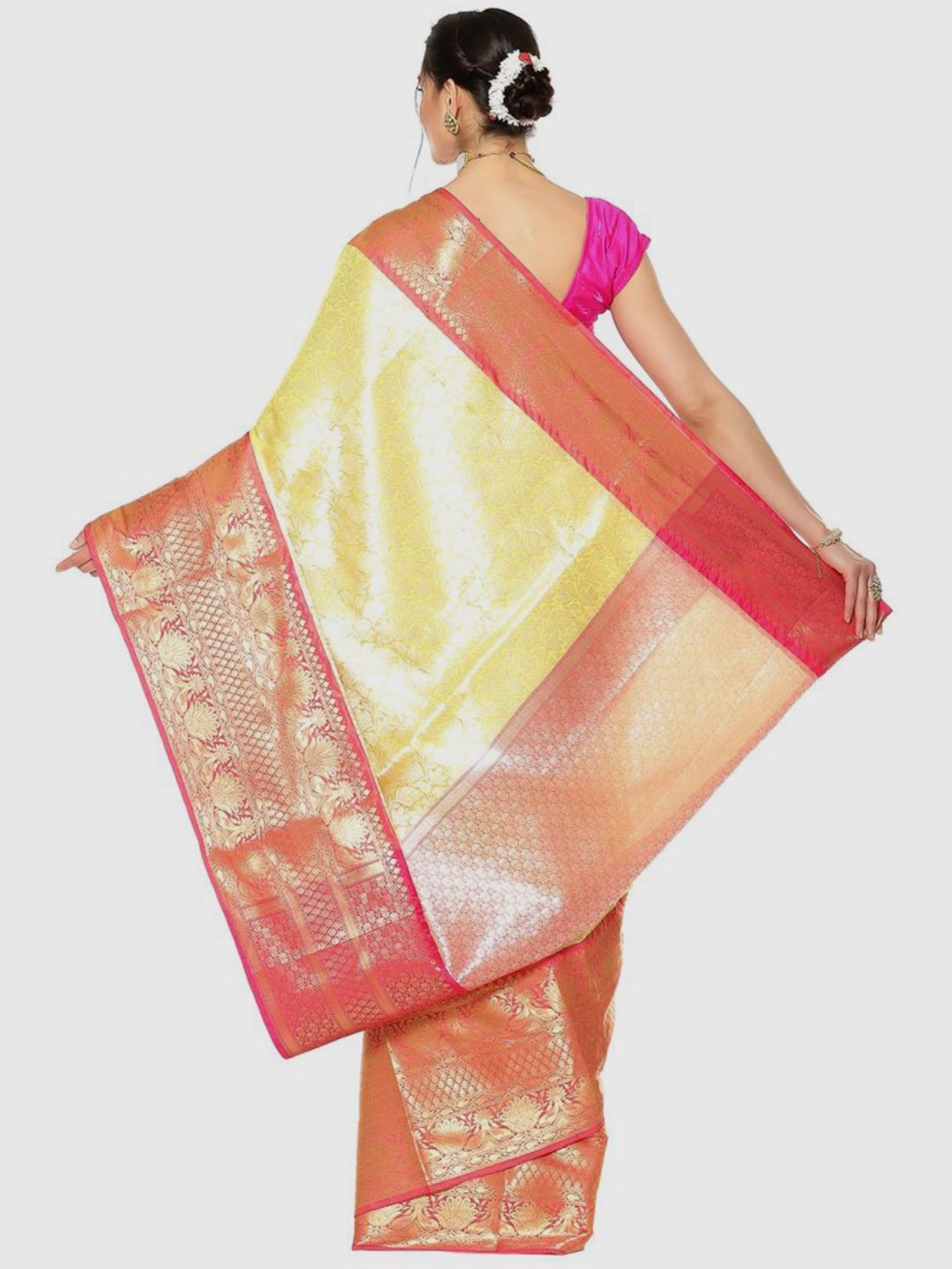 Banarasi Silk Works Yellow & Pink Woven Saree With Unstitched Blouse