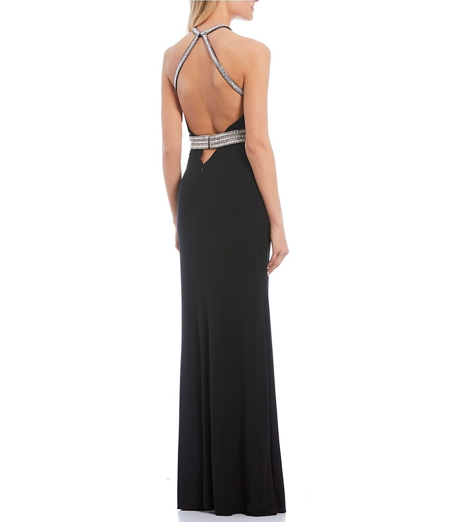 Blondie Nites Halter-Neck Beaded Trim Side Slit Long Dress