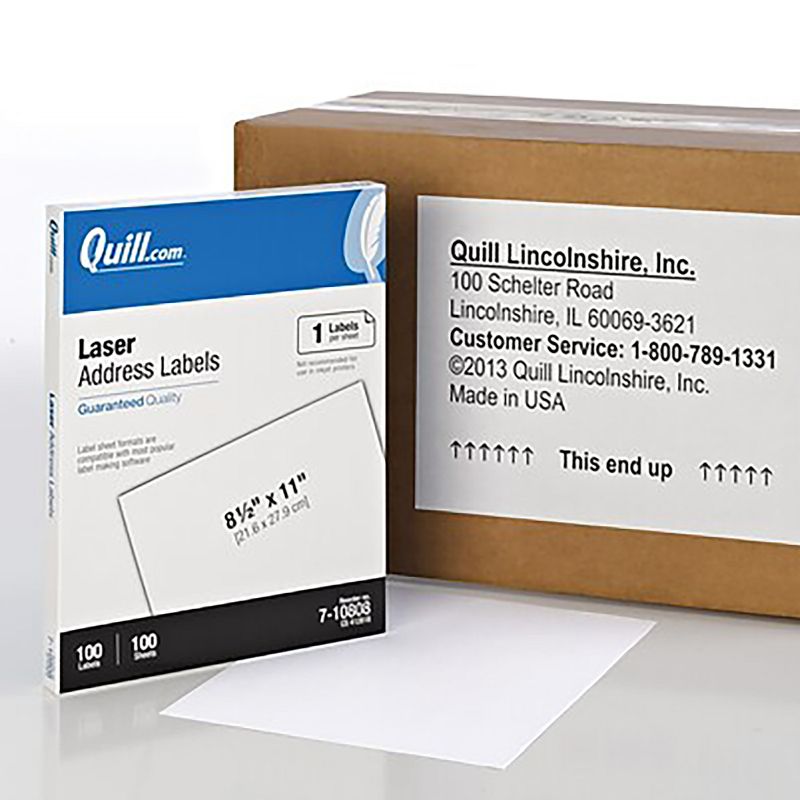 Quill Brand Laser Address Labels, 8-1/2" x 11", WE, 1 Label/Sheet, 100 Sheets/Box 710808