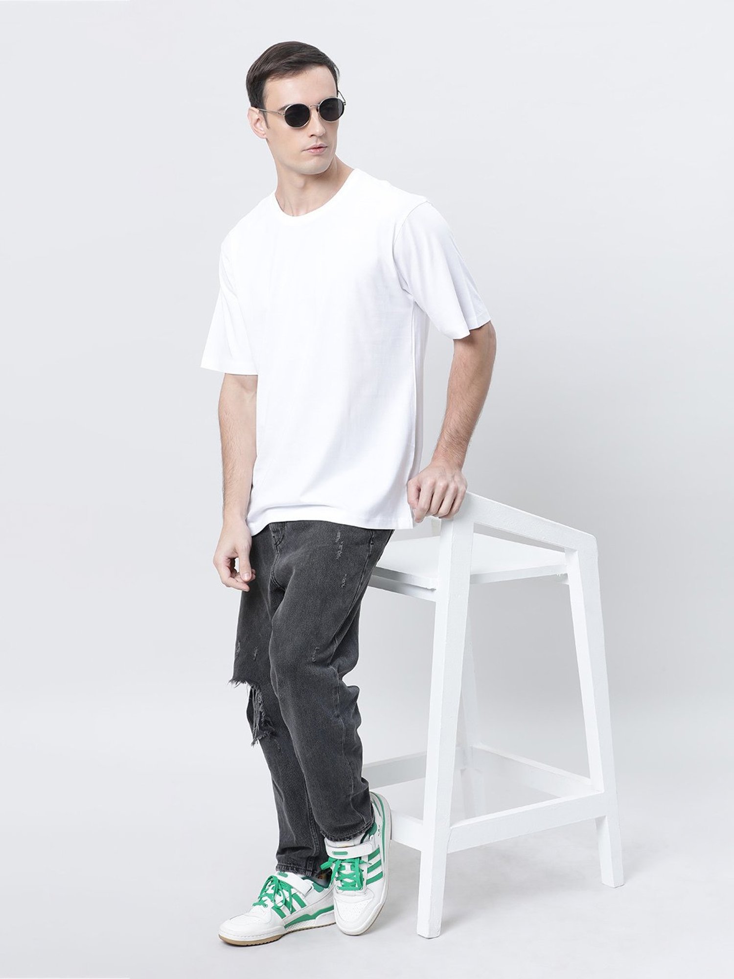 Kryptic White Relaxed Fit Printed Oversized Crew T-Shirt