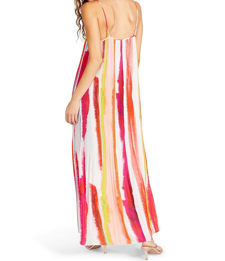BB Dakota by Steve Madden Bon Voyage Watercolor Abstract Stripe Print Crepe de Chine Radial Pleat Maxi Swing Dress