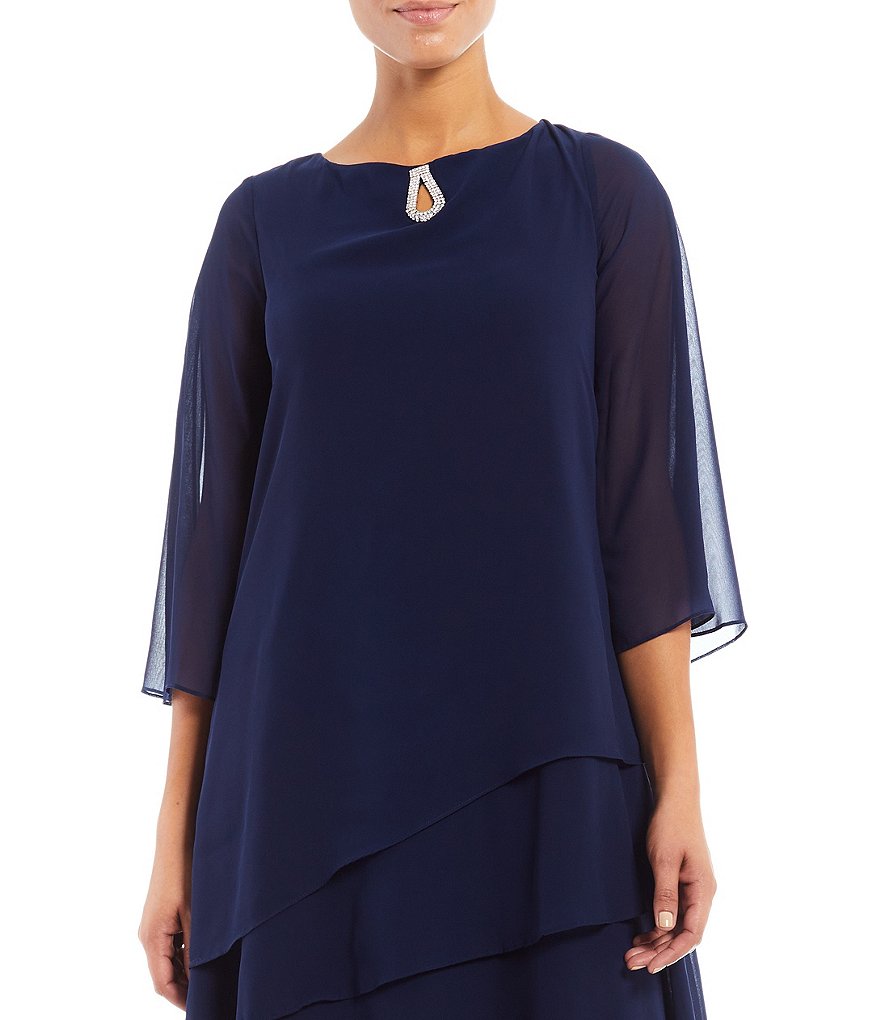 Marina Split 3/4 Sleeve Round Beaded Keyhole Neck Asymmetrical Tiered Chiffon Shift Dress