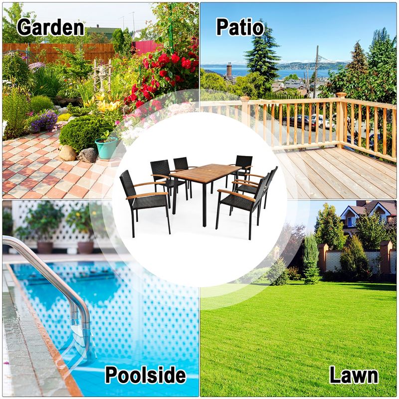 Costway 7 PCS Patio Rattan Dining Set Acacia Wood Table Top Stackable Chair