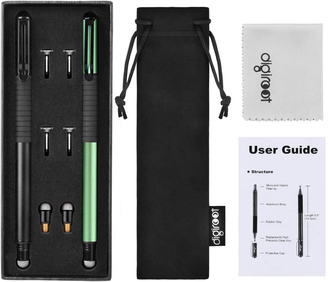 Digiroot Stylus Pens Disc & Fiber Tip Capacitive Stylus 2 in 1 Universal Stylus for iPad iPhone Capacitive Touch Screen Cell Phones Tablets Laptops with 6 Replacement Tips (Black & Blue)