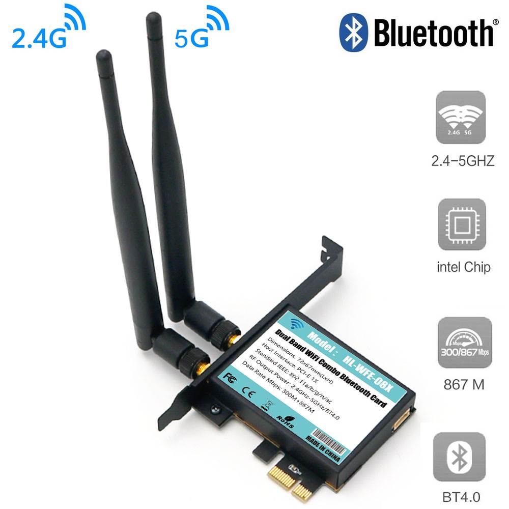 802.11AC Desktop Wifi Card 802.11 A/B/G/N/AC Bluetooth 4.0 AC1200 2.4Ghz-300Mbps/5Ghz-867Mbps Card With Low Profile bracket