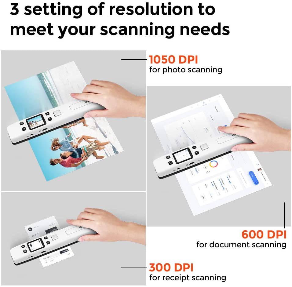 Scanner Portable Handheld Wand Document Book Images 1050DPI Resolution High Speed Scanning A4 Size JPEG PDF Format Colorful LCD Display for Office Business Reciepts