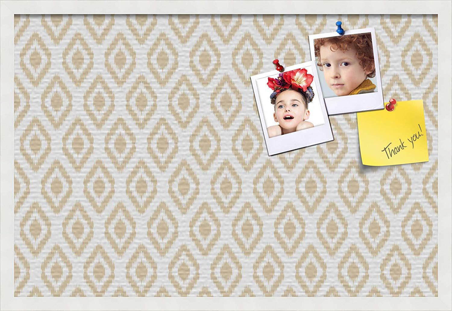 PinPix pin Cork Bulletin Board Made from Canvas, Ikat Beige 30x20 Inches (Completed Size) and Framed in Satin White Frame (PinPix-1631-30x20_FRBW26074)