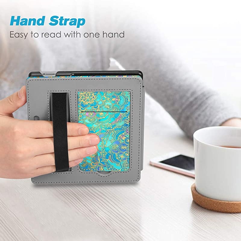 Stand Case for AllNew Kindle Oasis 10th Generation 2019 Release and 9th Generation 2017 Release Premium PU Leather Sleeve Cover with Card Slot and Hand Strap Shades of Blue