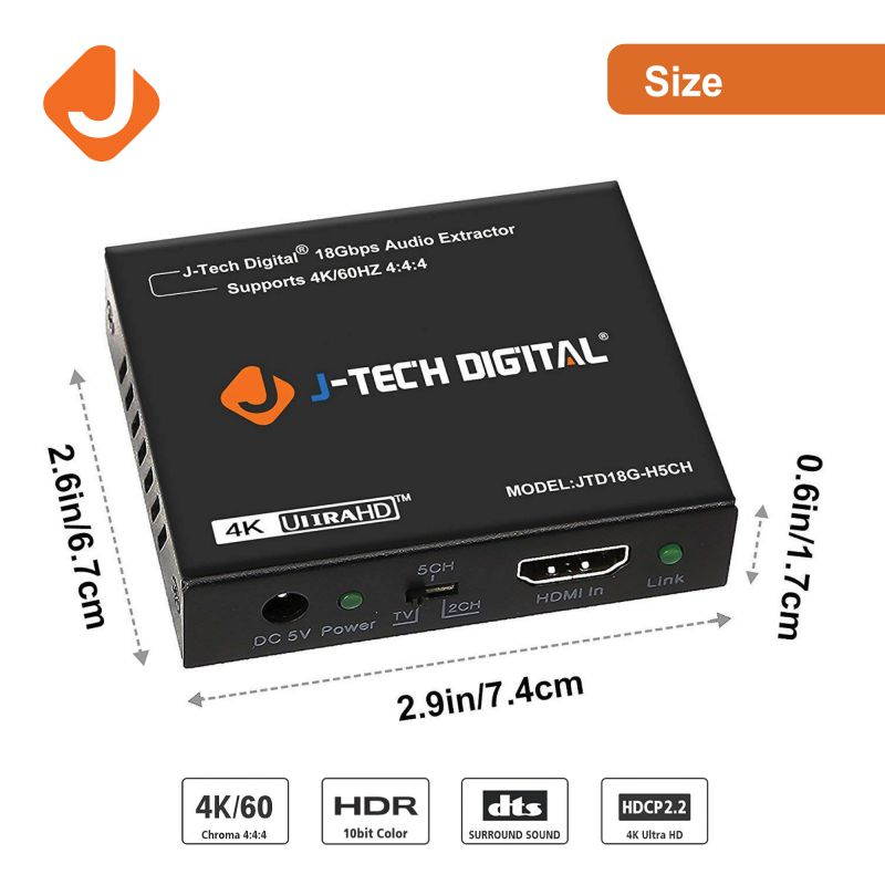 J-Tech Digital 4K 60HZ HDMI Audio Extractor Converter SPDIF + 3.5MM Output Supports HDMI 2.0, 18Gpbs Bandwidth, HDCP 2.2, Dolby Digital/DTS Passthrough CEC, HDR10 [JTD18G-H5CH]