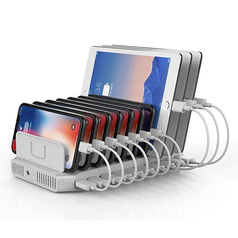 Multi Charging Station 10Port USB Charger for Multiple Device with SmartIC Tech and Adjustable Dividers Organizer Stand Compatible with iPad Tablet Kindle iPhone