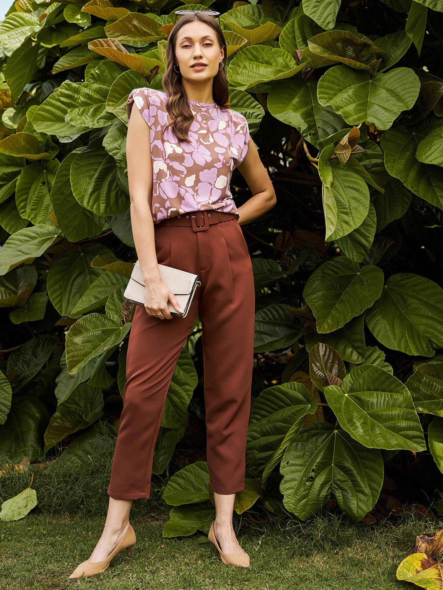 KASSUALLY Mauve Cotton Floral Print T-Shirt