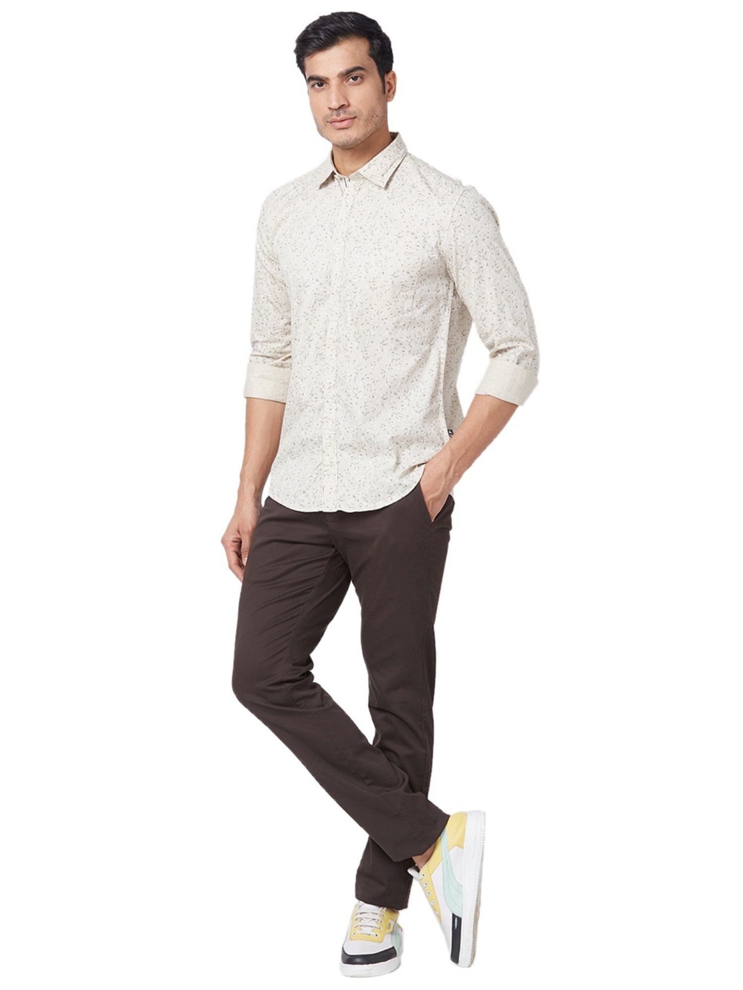 Parx Beige Cotton Classic Fit Printed Shirts