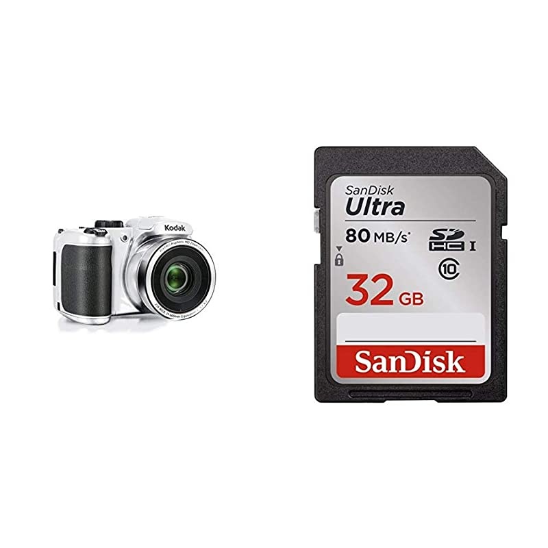 PIXPRO Astro Zoom AZ252-WH 16MP Digital Camera with 25X Optical Zoom and 3" LCD (White) & SanDisk 32GB Ultra Class 10 SDHC UHS-I Memory Card Up to 80MB, Grey/Black (SDSDUNC-032G-GN6IN)