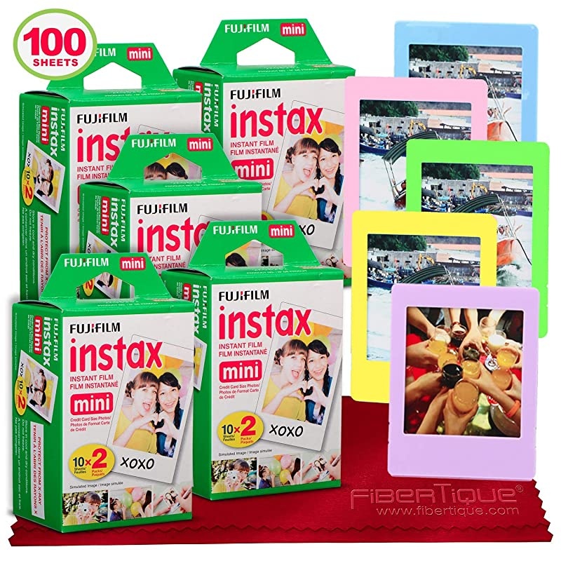 Instax Mini Instant Film (100 Sheets) Instax Mini + 5 Picture Frames + FiberTique Cleaning Cloth (USA Warranty)