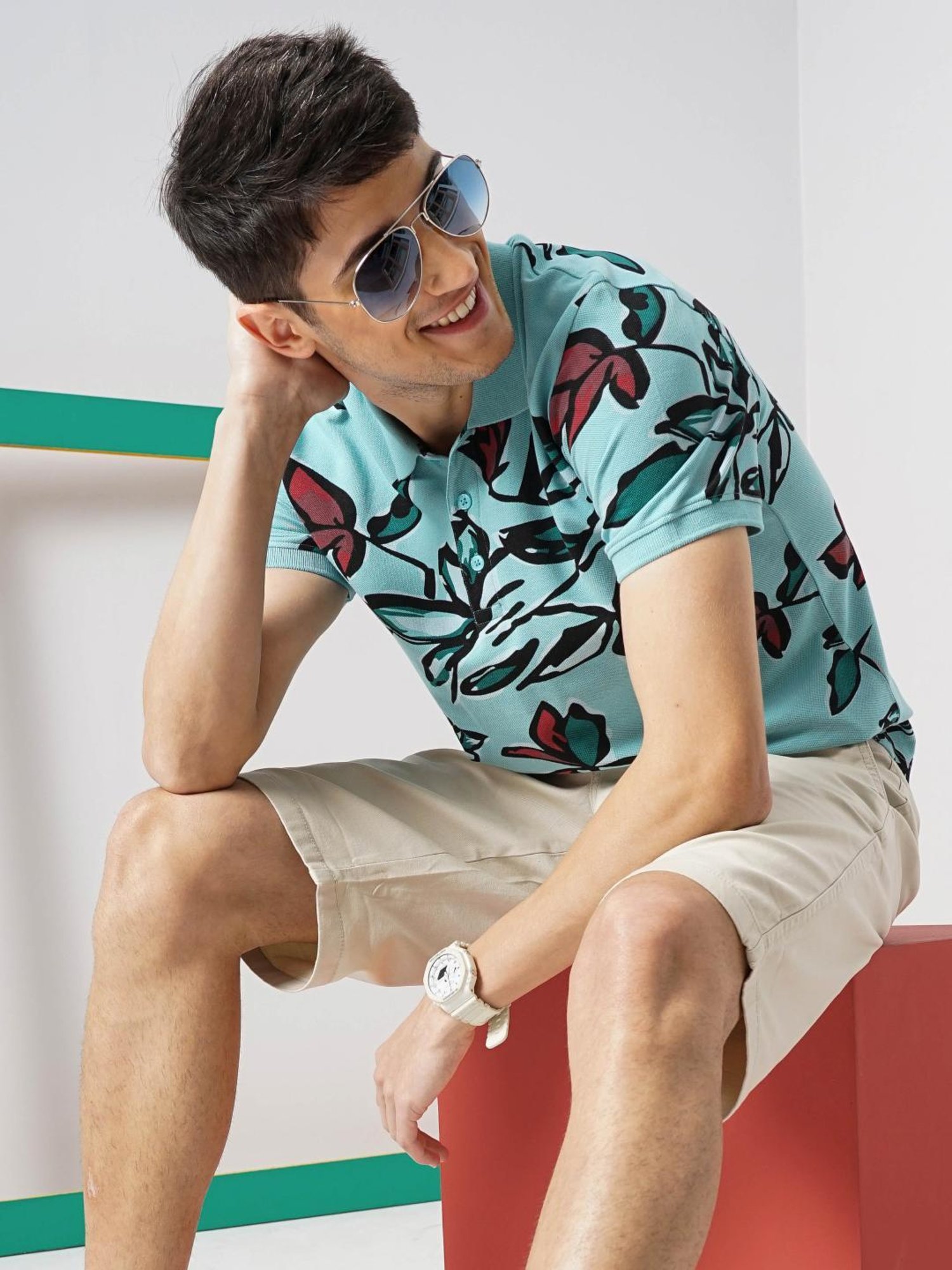 Celio Sea Green Cotton Regular Fit Printed Polo T-Shirt