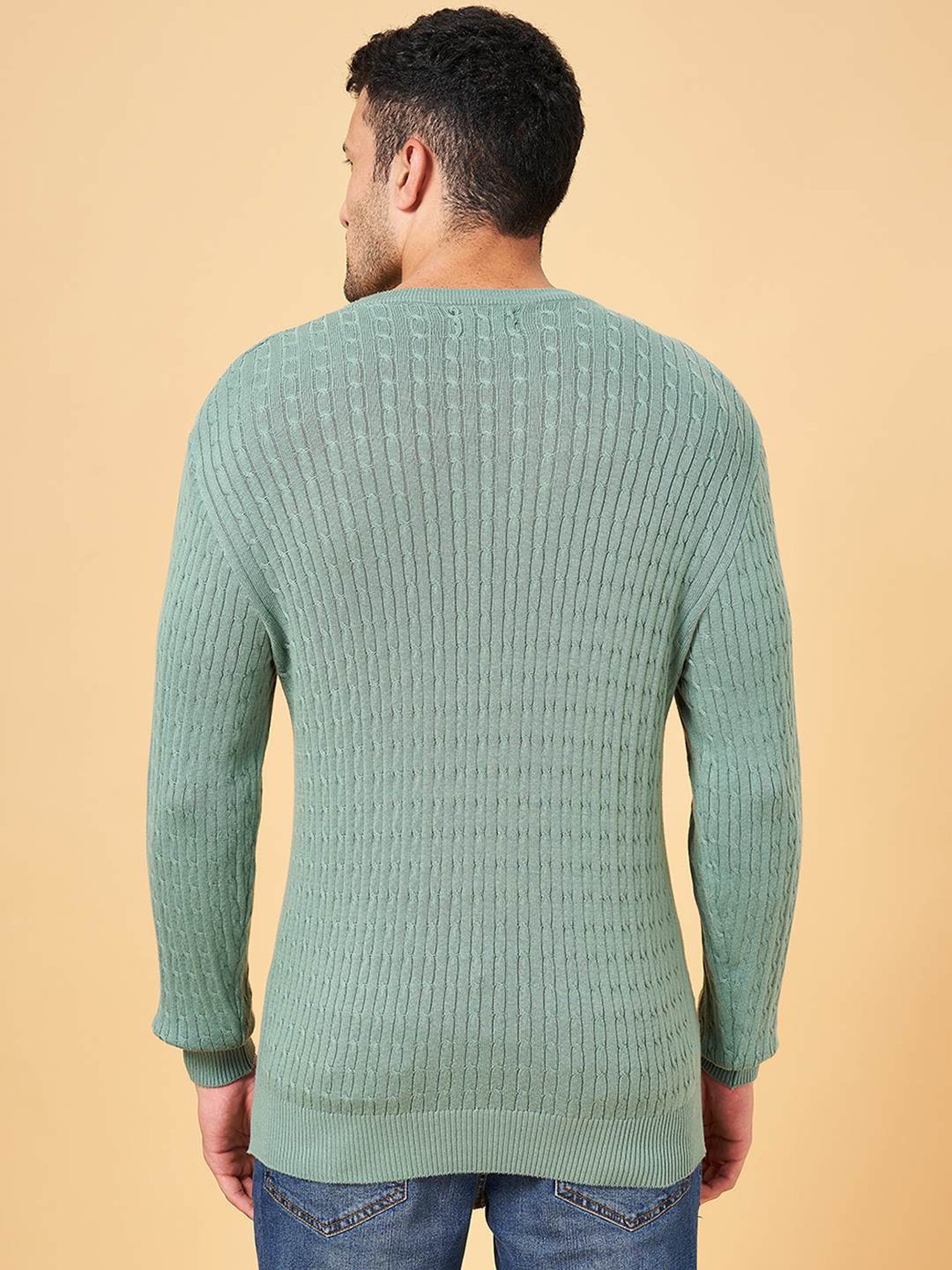 Byford by Pantaloons Green Cotton Slim Fit Self Pattern Sweater