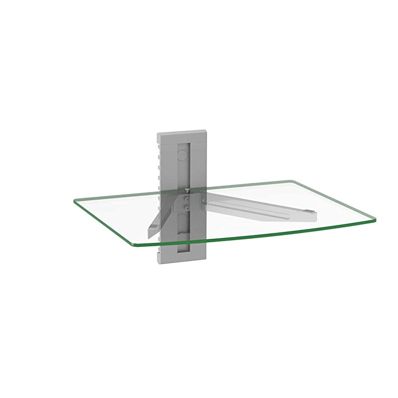 CS201S Floating Wall Mounted Shelf with Transparent Strengthened Tempered Glass for DVD Players, Cable Boxes, Games Consoles, TV Accessories, 1 Shelf, Silver