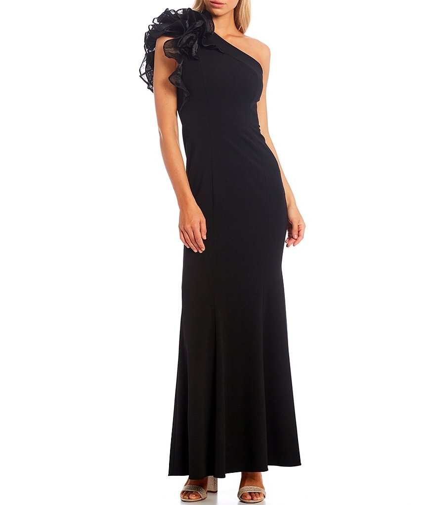 Jkara Chiffon Popover Beaded V-Neck 3/4 Capelet Sleeve Gown