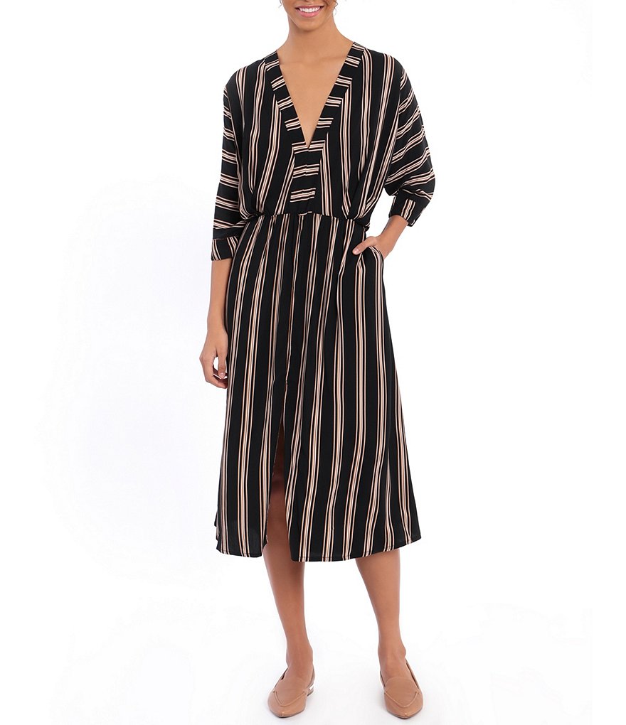 London Times V-Neck Short Sleeve Striped Front Slit Dress