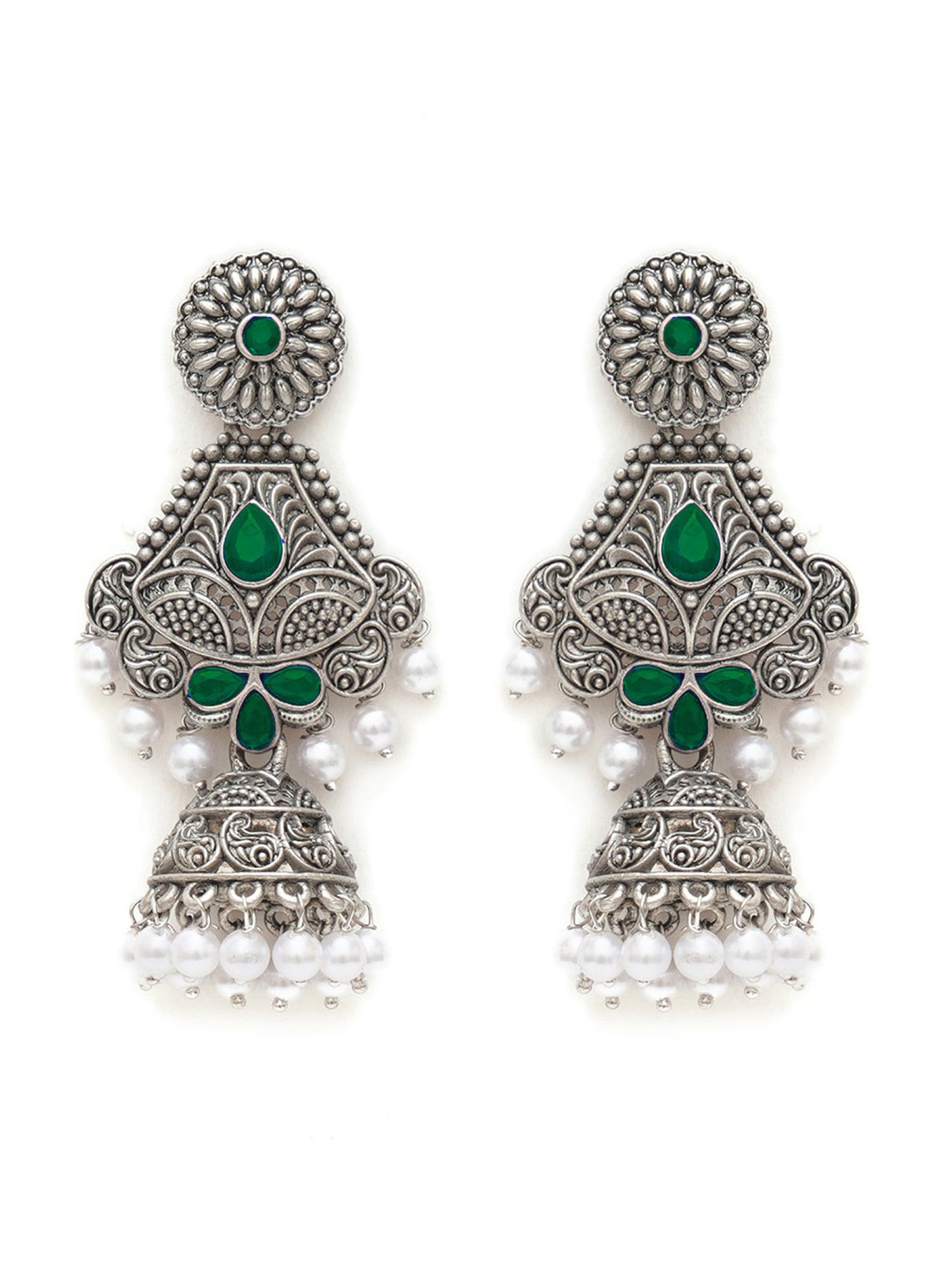 Karatcart Oxidized Silver Handcrafted Green Long Jhumki Earrings