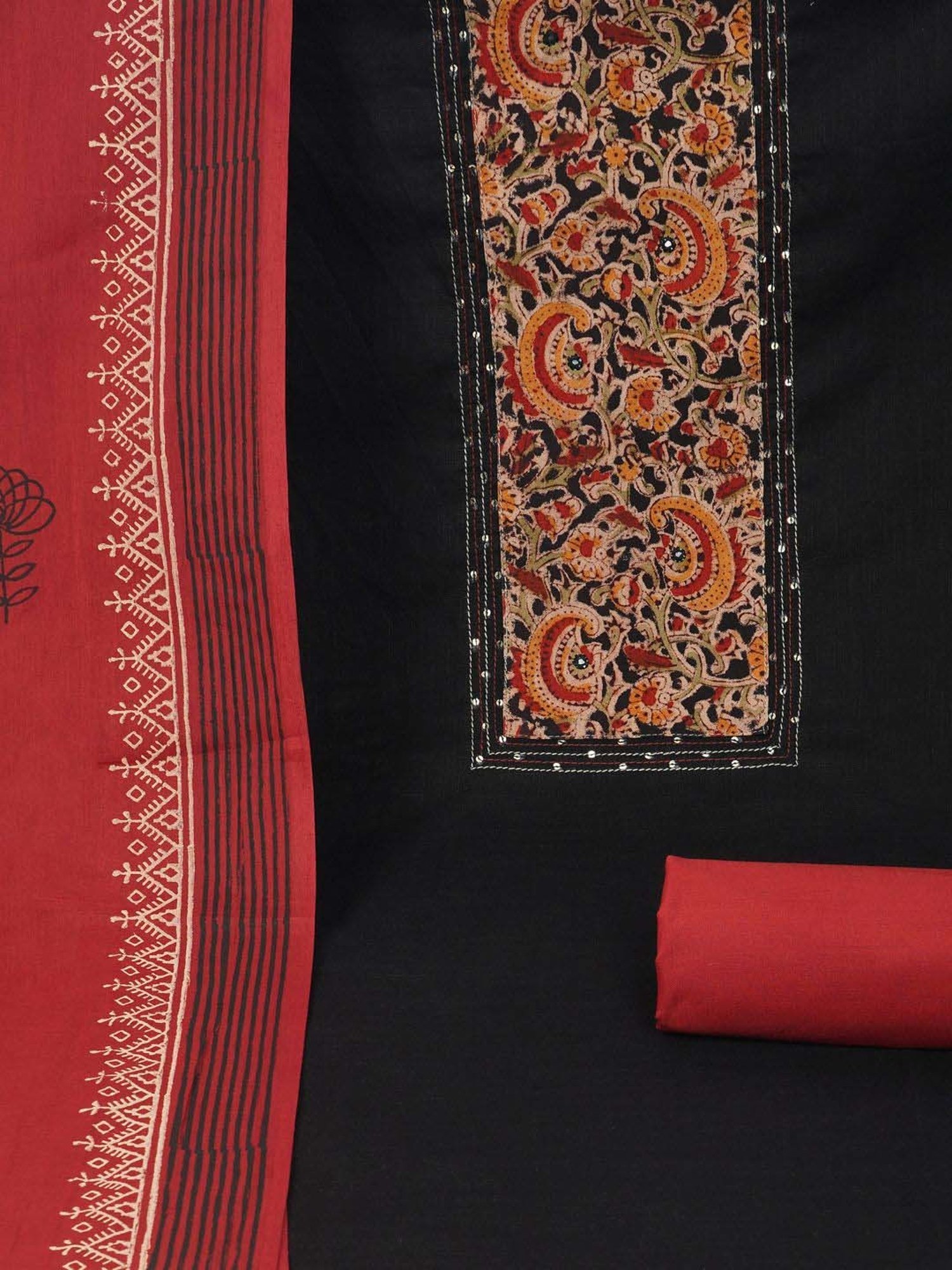 Kami Kubi Black Cotton Embellished Unstitched Dress Material