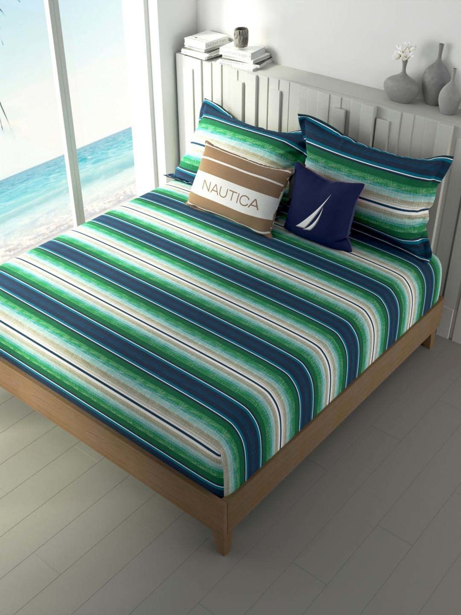 NAUTICA Ocean View Blue & Green Cotton 160 TC King Bedsheet with 2 Pillow Cover