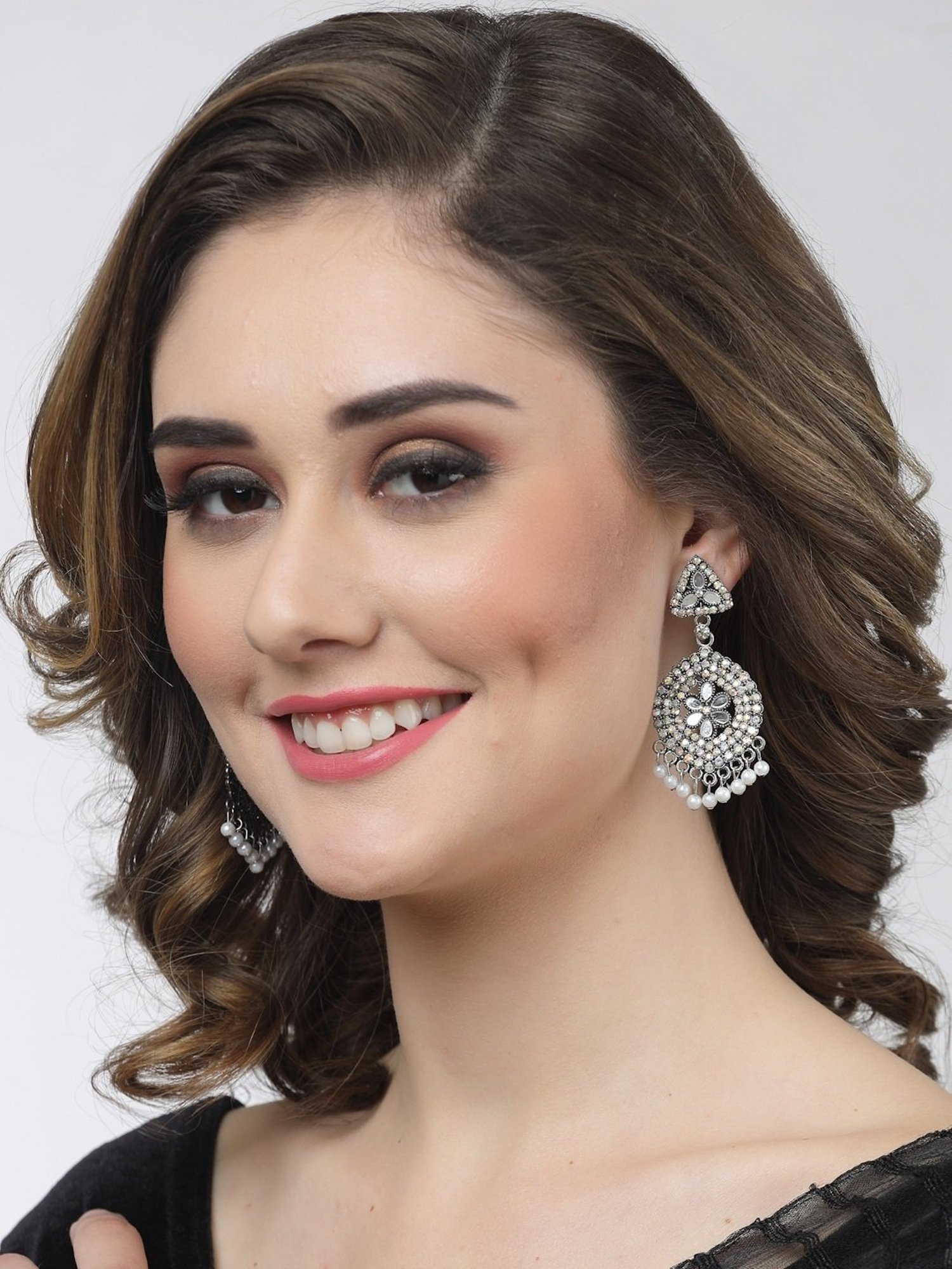 Moedbuille Crystal Studded Antique Design Silver-Plated Handcrafted Chand Bali Earrings