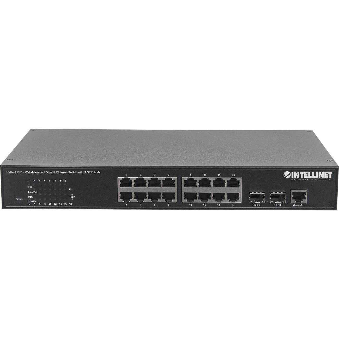 Intellinet 16-Port PoE+ Web-Managed Gigabit Ethernet Switch with 2 SFP Ports