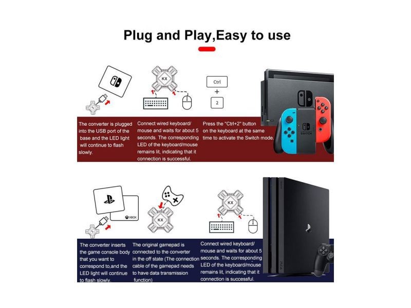 KX Adapter Game Controllers to Gaming Keyboard Mouse Converter adapter Plug and Play for Nintendo Switch Xbox One X/S Xbox 360 PS4 PS3