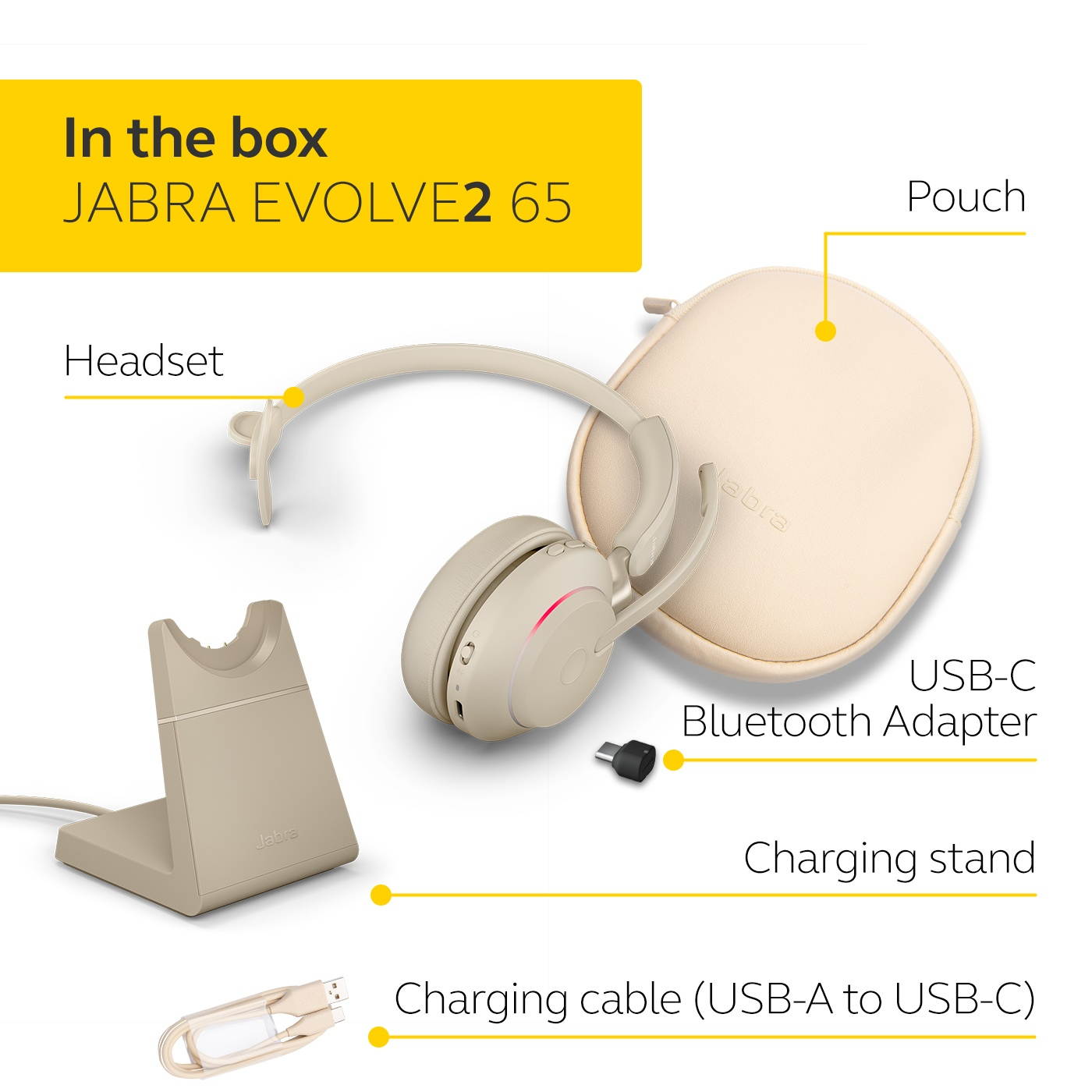 Jabra Evolve2 65 USB-C MS Mono with Charging Stand - Beige Wireless Headset / Music Headphones