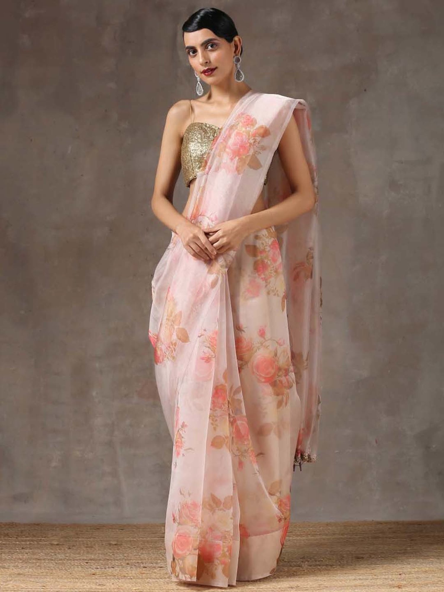 Swtantra Pink Organza Floral Print Saree