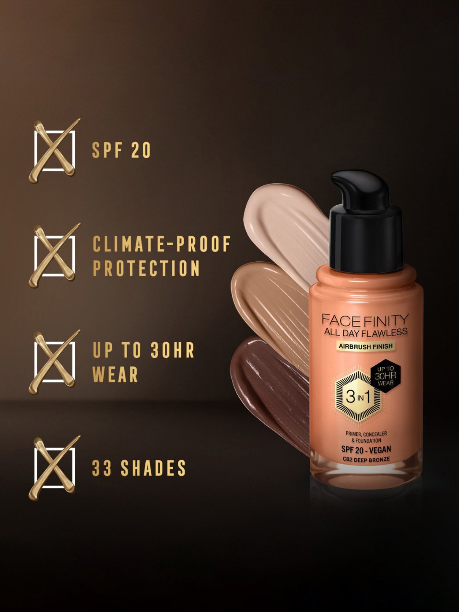 Max Factor Facefinity All Day Flawless 3 In 1 Foundation SPF 20 C82 Deep Bronze - 30 ml