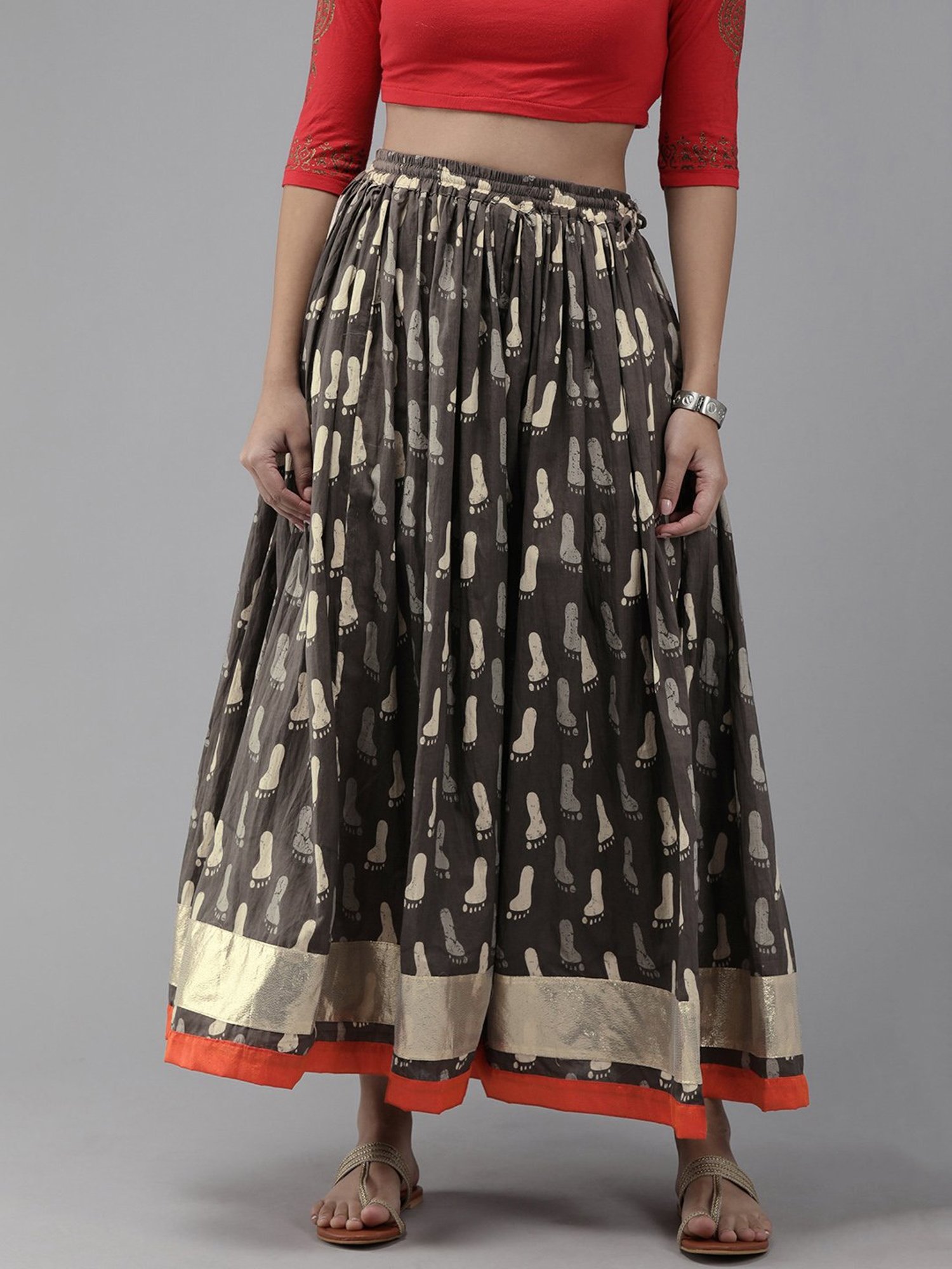 Geroo Jaipur Grey Hand Block Printed Skirt With Magzi Border