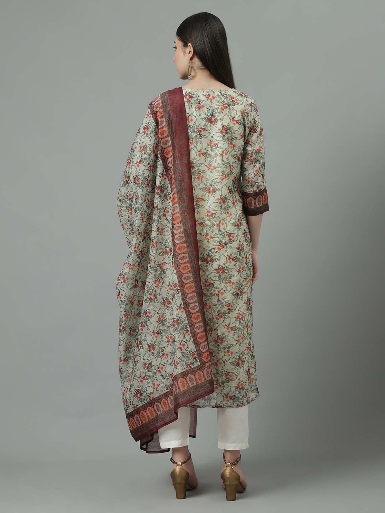 Sringam Beige & White Floral Print Kurta Pant Set With Dupatta