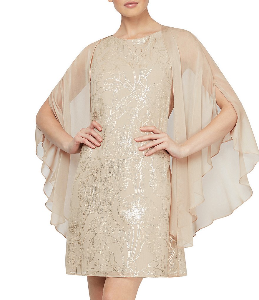 Ignite Evenings Round Neck Chiffon Sleeveless Cape Floral Sheath Dress