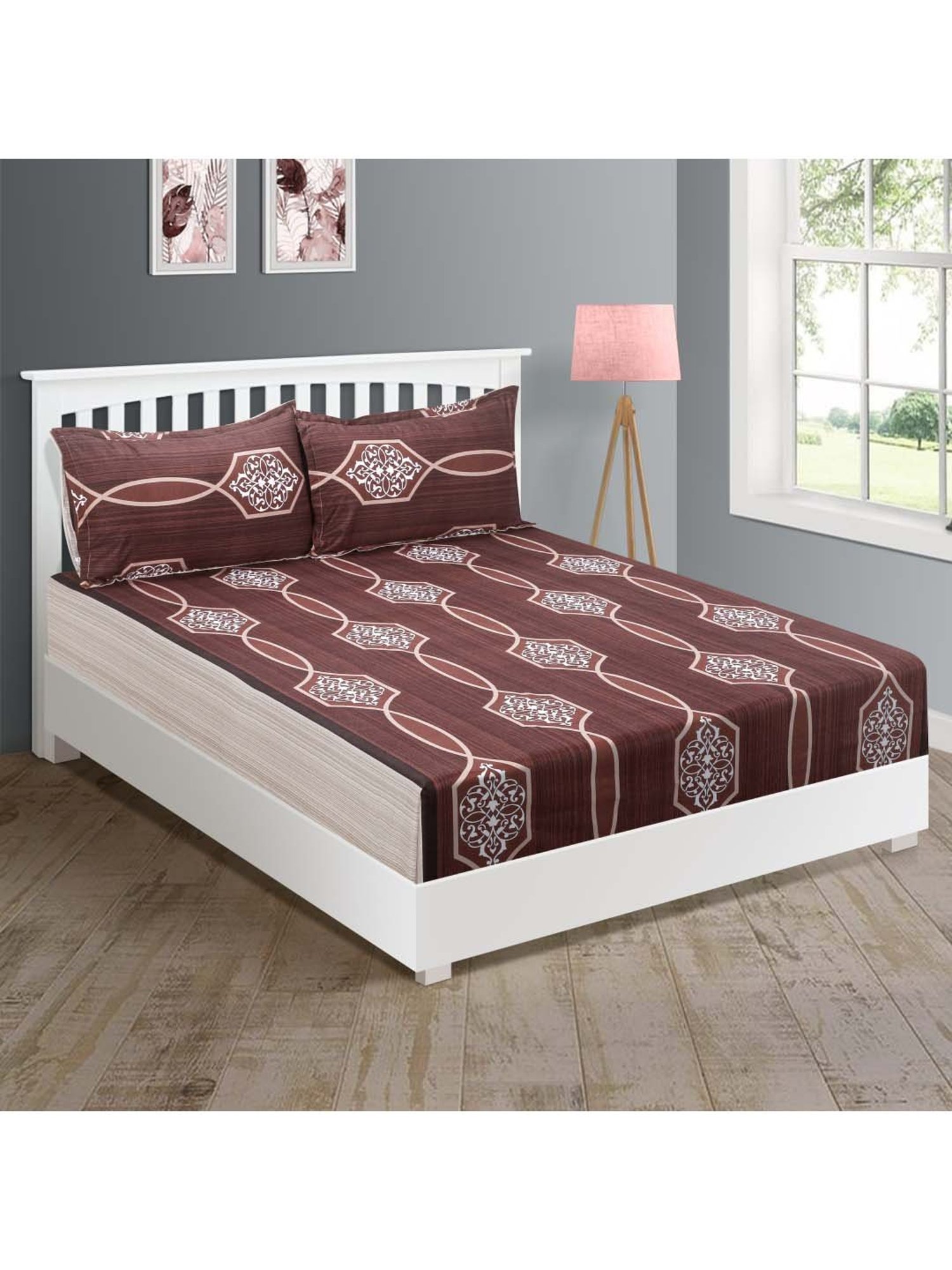 Swayam Zinnia Abstract Maroon 210 TC Cotton King Bedsheet with 2 Pillow Covers