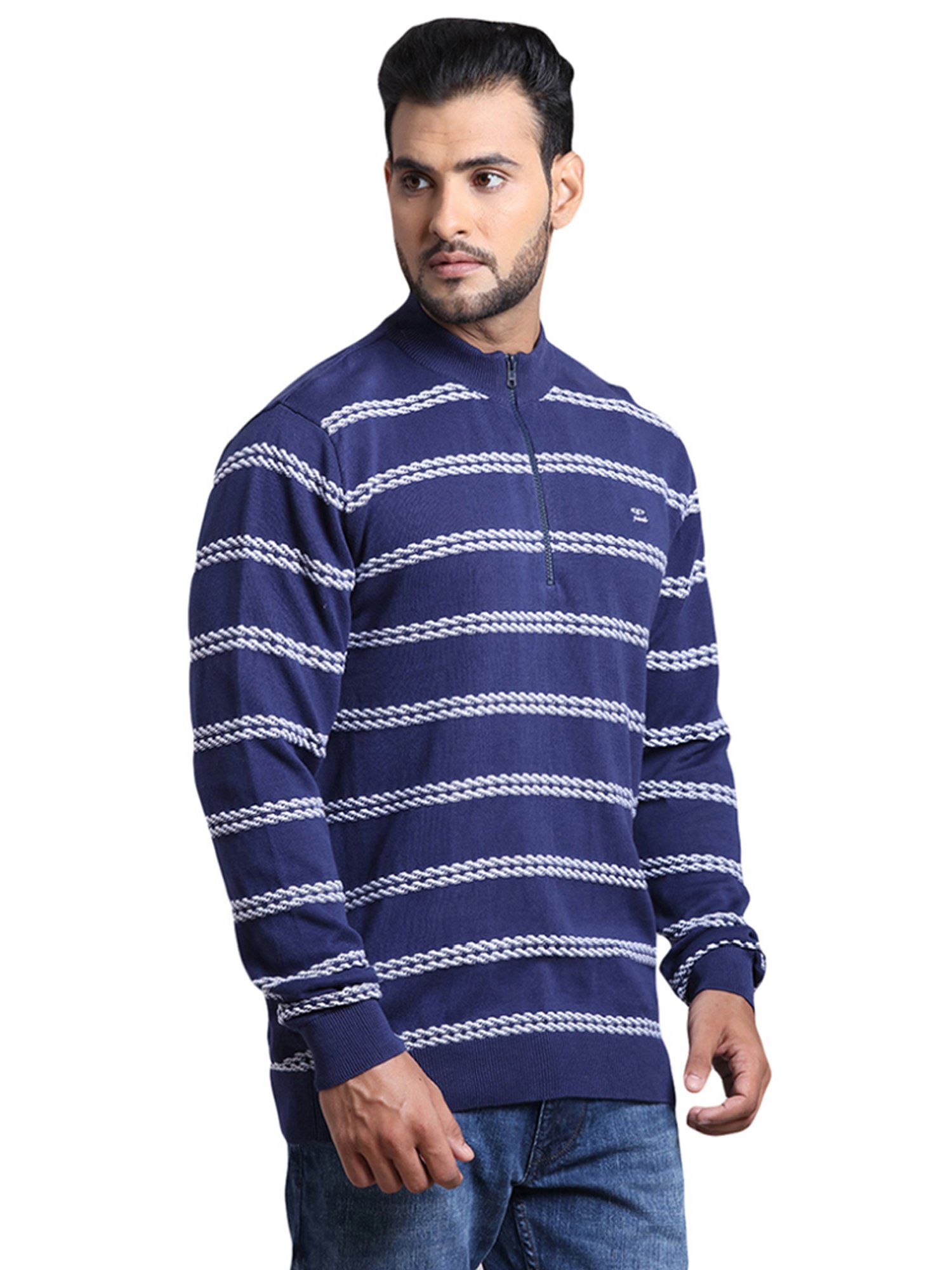 ColorPlus Blue Cotton Tailored Fit Striped Sweater