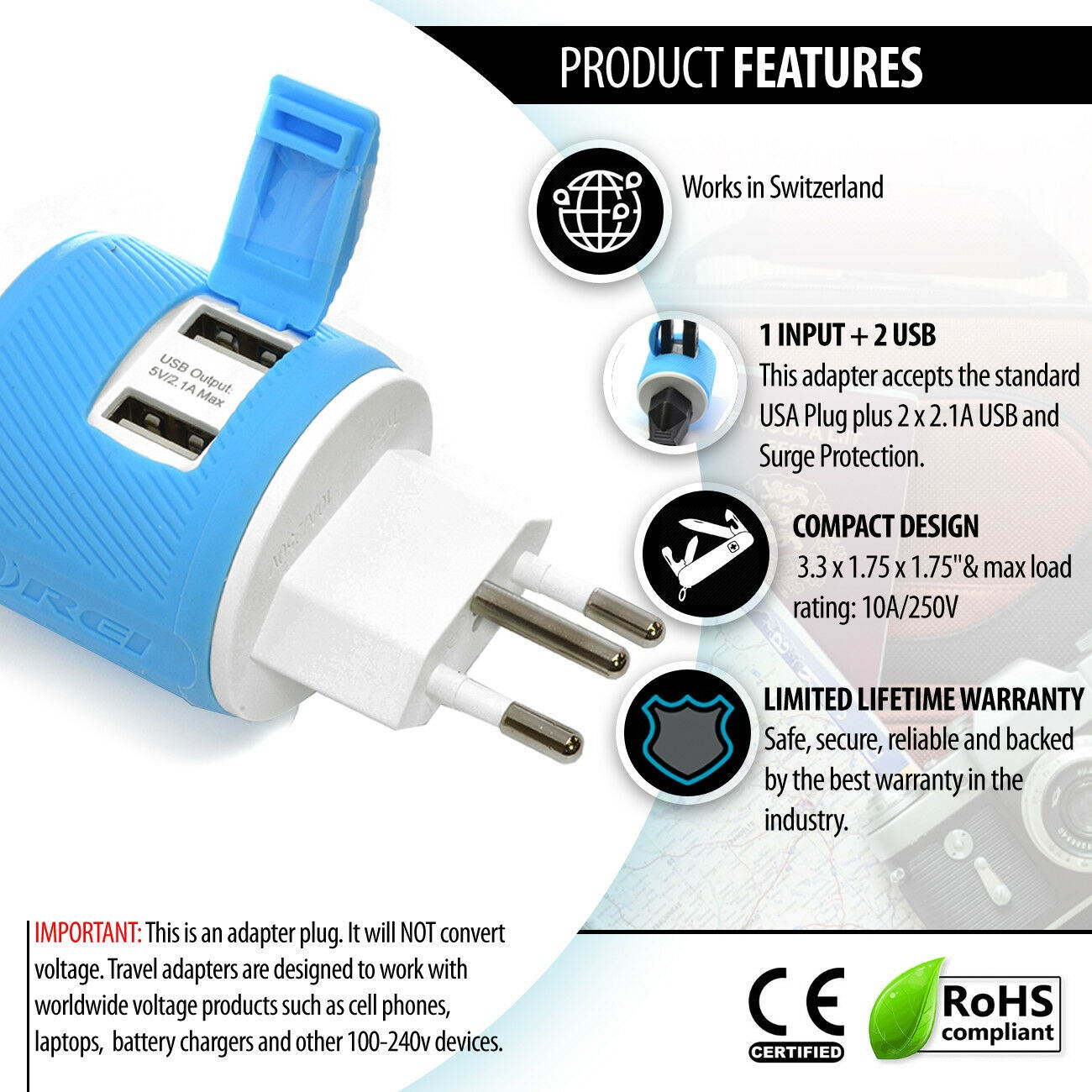 Switzerland Travel Plug Adapter by Orei with Dual USB - USA Input + Surge Protection - Type J (U2U-11A), Will Work with Cell Phones, Camera, Laptop, Tablets, iPad, iPhone and More