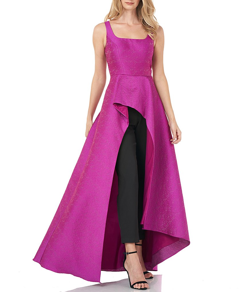 Jkara Chiffon Popover Beaded V-Neck 3/4 Capelet Sleeve Gown