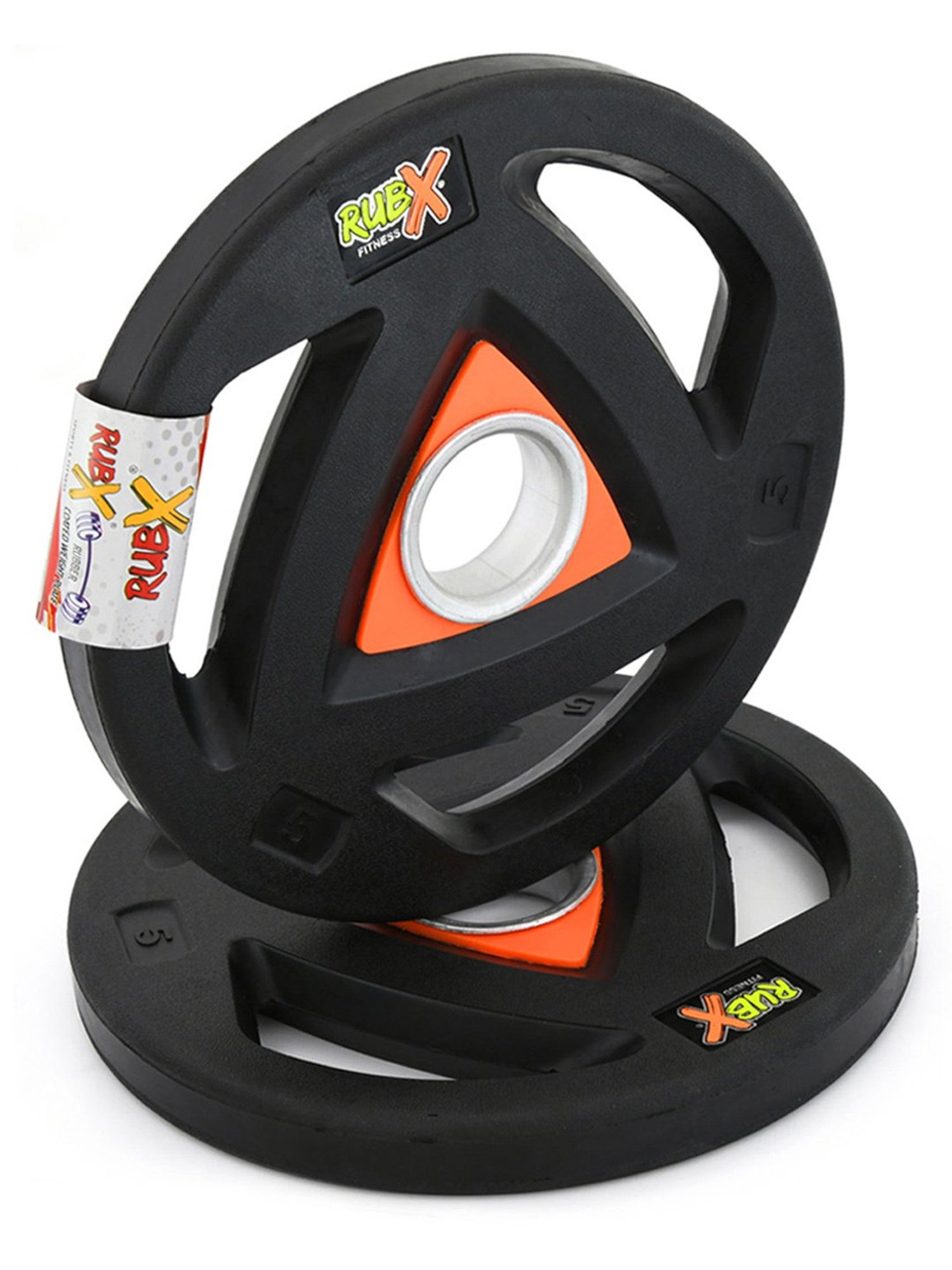 RUBX Rubber Coated Metal Integrated Tri-Grip Olympic Weight Plates 50 MM Center Hole Diameter (7.5)